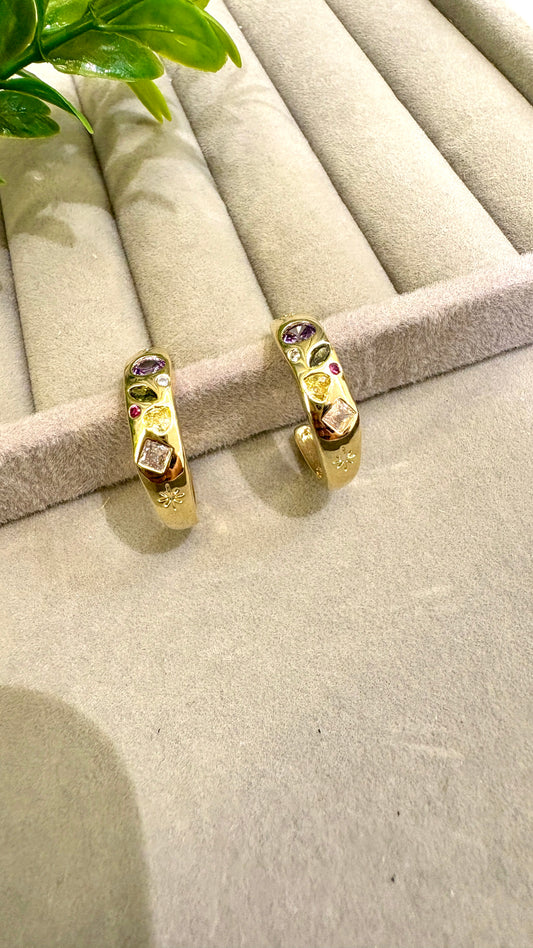 Moon shaped multi colour stone hoops