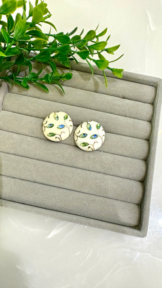 Green Leaves Enamel Earrings