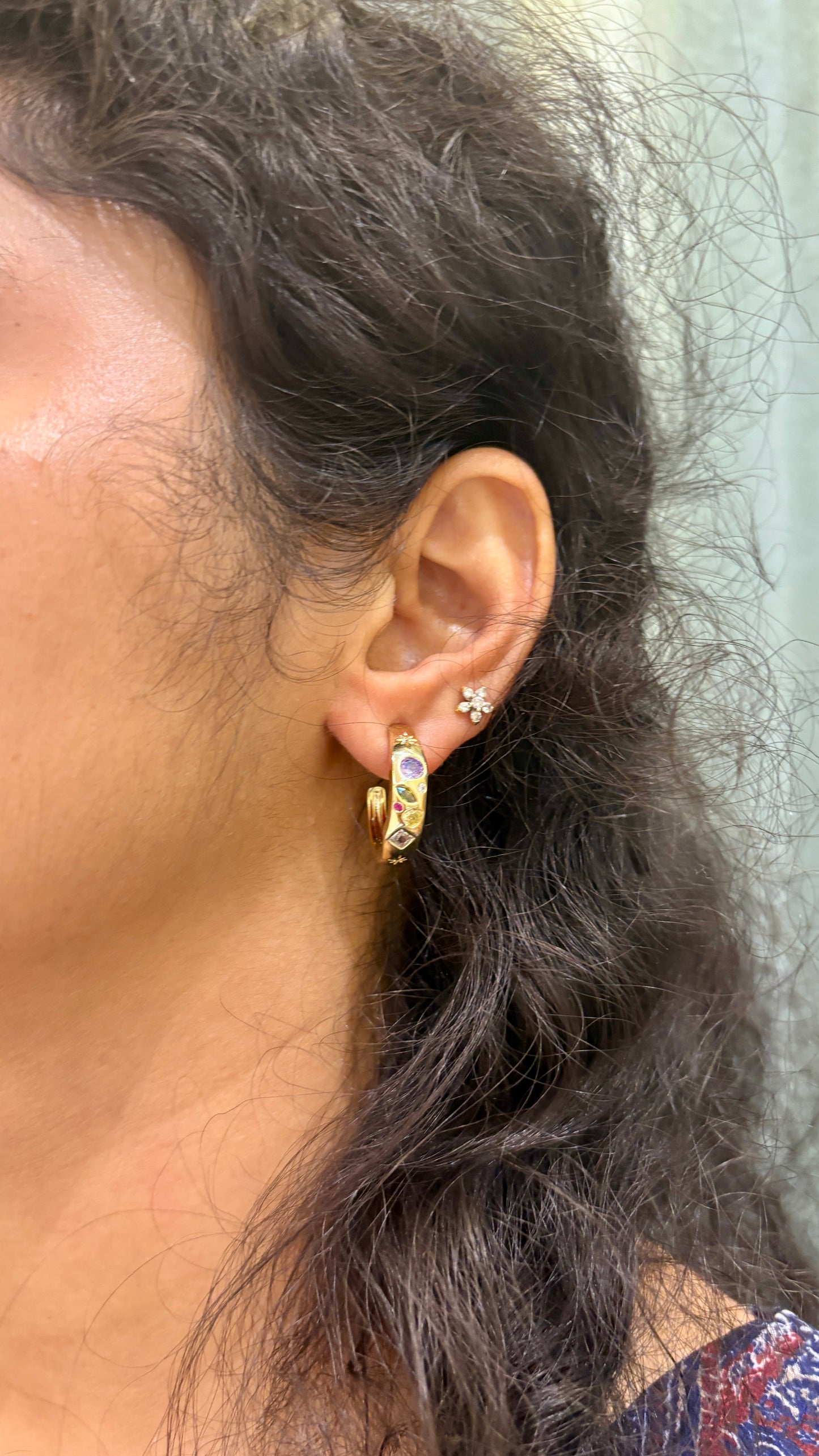 Moon shaped multi colour stone hoops