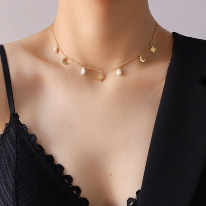 Moon, star & pearl charm necklace