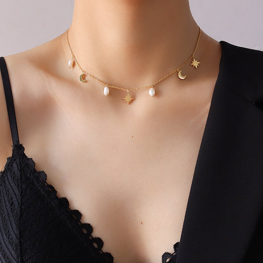 Moon, star & pearl charm necklace