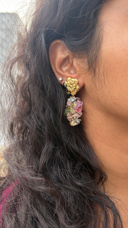 Flower Stud with Hanging Crystal Earrings