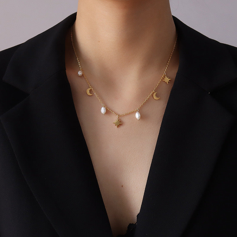 Moon, star & pearl charm necklace