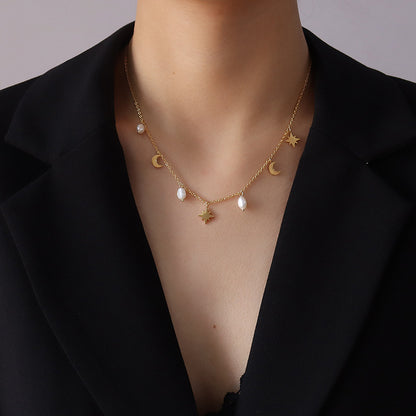 Moon, star & pearl charm necklace